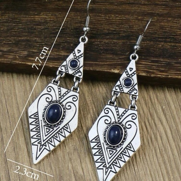 Any 4/$25! Silver Etched Blue Stone Boho Drop Earrings - Picture 3 of 5